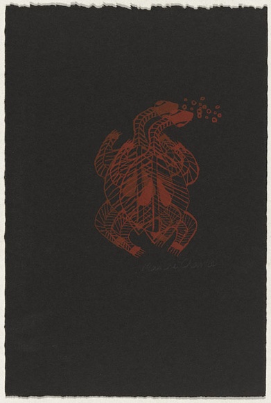 Artist: b'Charlie, Maxine.' | Title: b'Turtle blowing bubbles' | Date: 1997, September | Technique: b'screenprint, printed in red and brown ochre ink, from one stencil'