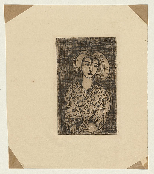 Title: b'not titled [woman in floral dress]' | Technique: b'etching, printed in brown ink, from one plate'