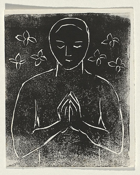 Title: Card: [praying figure] | Technique: linocut, printed in black ink, from one block