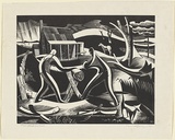 Artist: Jack, Kenneth. | Title: The woodcutters | Date: 1953 | Technique: engraving, printed in black ink, from one perspex block | Copyright: © Kenneth Jack. Licensed by VISCOPY, Australia