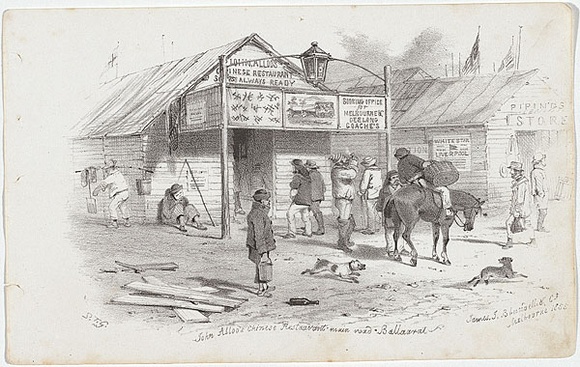 Artist: b'GILL, S.T.' | Title: bJohn Alloo's Chinese restaurant, main road, Ballarat. | Date: 1855-56 | Technique: b'lithograph, printed in black ink, from one stone'