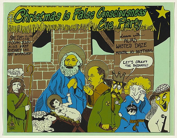 Artist: b'MACKINOLTY, Chips' | Title: b'2nd annual Christmas is a false consciousness eve party [1977]' | Date: 1977 | Technique: b'screenprint, printed in colour, from multiple stencils'