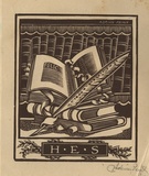 Artist: FEINT, Adrian | Title: Bookplate: H E S. | Date: (1938) | Technique: wood-engraving, printed in brown ink, from one block | Copyright: Courtesy the Estate of Adrian Feint