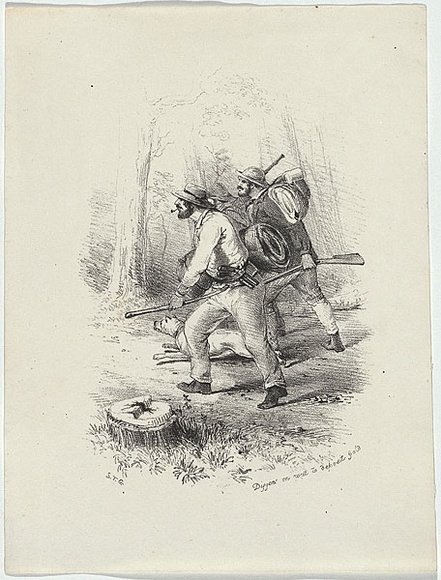 Artist: b'GILL, S.T.' | Title: b'Diggers on rout to deposit gold.' | Date: 1852 | Technique: b'lithograph, printed in black ink, from one stone'