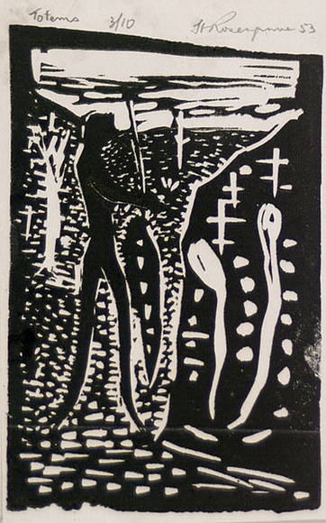 Artist: b'ROSENGRAVE, Harry' | Title: b'Totems' | Date: 1953 | Technique: b'linocut, printed in black ink from one block'