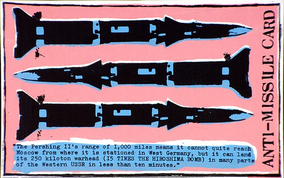 Artist: b'Jill Posters.' | Title: b'Anti-missile card: Tomahawk Nuclear Cruise Missile' | Date: 1984 | Technique: b'screenprint, printed in colour, from three stencils'