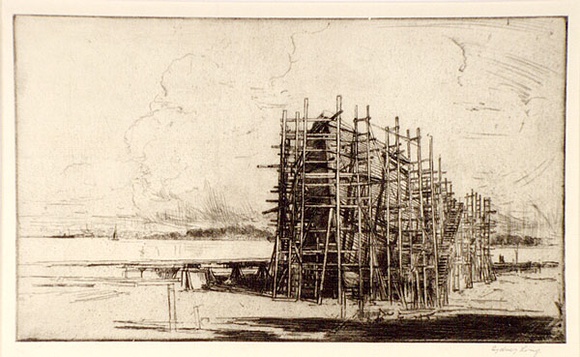 Artist: b'LONG, Sydney' | Title: b'The wooden ship' | Date: 1922 | Technique: b'line-etching and drypoint, printed in black ink, from one copper plate' | Copyright: b'Reproduced with the kind permission of the Ophthalmic Research Institute of Australia'