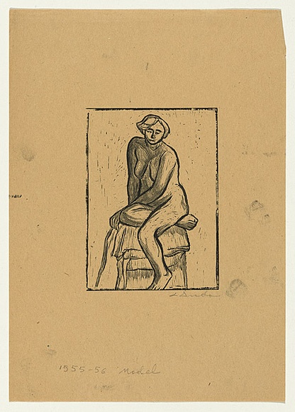 Artist: b'Groblicka, Lidia.' | Title: b'Model [seated].' | Date: 1955-56 | Technique: b'woodcut, printed in black ink, from one block'