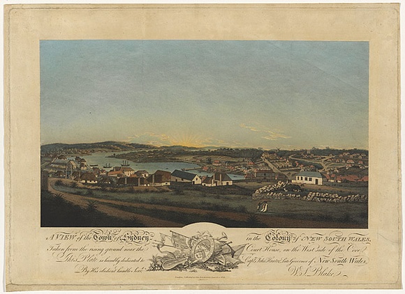 Title: b'A view of the town of Sydney in the colony of New South Wales.' | Date: 1802 | Technique: b'aquatint, printed in black ink, from one copper plate; hand-coloured'