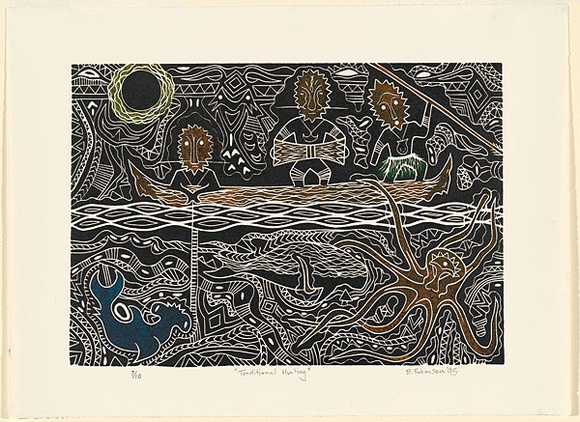 Artist: b'Robinson, Brian.' | Title: b'Traditional hunting' | Date: 1993 | Technique: b'linocut, printed in black ink, from one block; hand coloured'