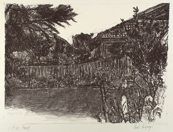 Artist: b'Laspargis, Paul.' | Title: b'not titled [backyard scene]' | Date: 1980s | Technique: b'lithograph, printed in black ink, from one plate'