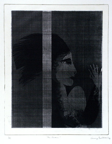 Artist: b'BALDESSIN, George' | Title: b'The screen.' | Date: 1967 | Technique: b'etching and aquatint, printed in black ink, from one plate'