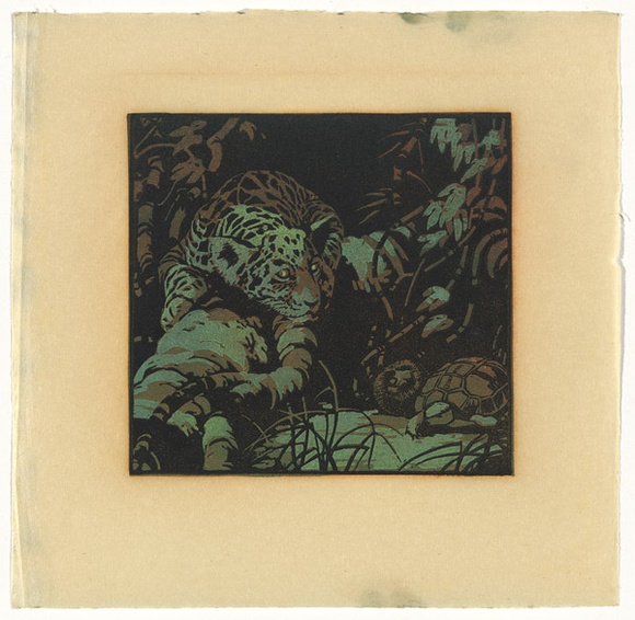 Artist: b'Nimmo, Lorna.' | Title: b'One moonlight night on the banks of the turbid Amazon, Painted Jaguar found Stickly, Prickly Hedgehog and Slow and Solid Tortoise under the branch of a fallen tree' | Date: 1939 | Technique: b'linocut, printed in five colour from three blocks,'