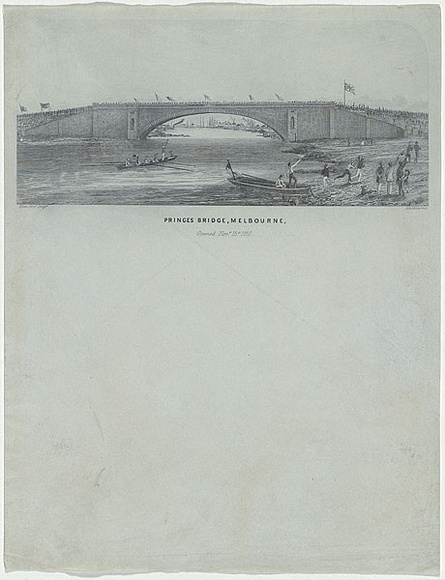 Artist: Ham, Thomas. | Title: Princes Bridge, Melbourne, opened Novr 15th. 1850 | Date: 1850 | Technique: line-engraving, printed in black ink, from one copper plate