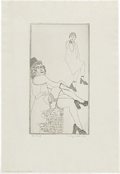 Artist: b'WALKER, Murray' | Title: b'Marlene and one hand maiden.' | Date: 1972 | Technique: b'etching, printed in black ink, from one plate'