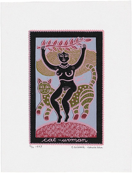 Artist: b'HANRAHAN, Barbara' | Title: b'Cat lady' | Date: 1977 | Technique: b'screenprint, printed in colour, from multiple screens'