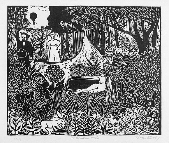 Artist: b'Allen, Joyce.' | Title: b'Mr Rousseau and Co.' | Date: 1987 | Technique: b'linocut, printed in black ink, from one block'