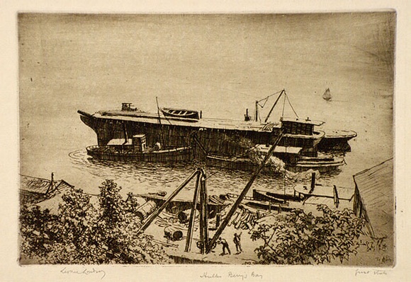 Artist: b'LINDSAY, Lionel' | Title: bHulks, Berry's Bay | Date: 1920 | Technique: b'etching and foul biting, printed in brown ink with plate-tone, from one plate' | Copyright: b'Courtesy of the National Library of Australia'