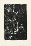 Artist: b'AMOR, Rick' | Title: b'Truck and tramstop.' | Date: 1991 | Technique: b'woodcut, printed in black ink, from one block'