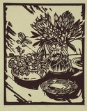 Artist: Williams, Marshall. | Title: not titled [flowers in a vase and bowl with saucer in foreground]. | Date: (1994) | Technique: linocut, printed in black ink, from one block