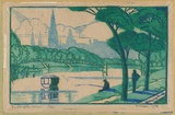 Artist: Syme, Eveline | Title: Banks of the Yarra | Date: 1935 | Technique: linocut, printed in colour, from four blocks (cerulen blue, cobalt green, viridian, cobalt blue)