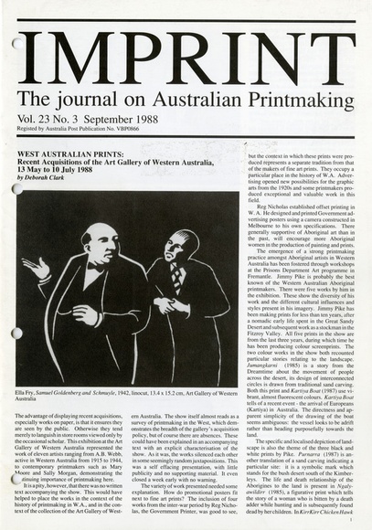 Imprint [Journal of the Print Council of Australia], volume 23, number 3, 1988.