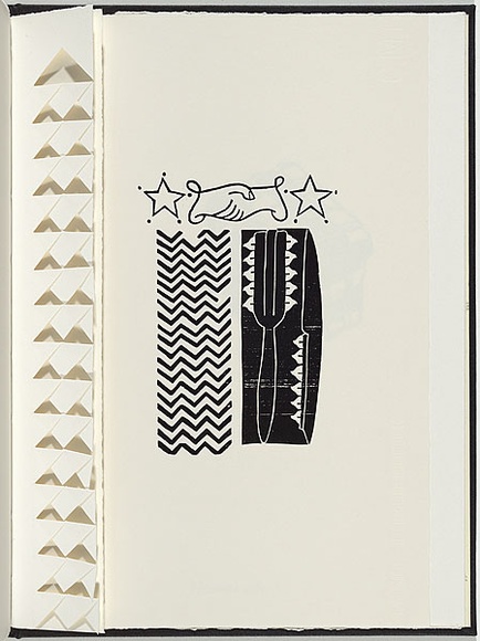 Artist: b'White, Robin.' | Title: b'Not titled (hands shaking and stars).' | Date: 1985 | Technique: b'woodcut, printed in black ink, from one block'
