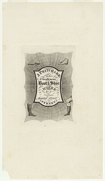 Artist: Moffitt, William. | Title: J. Pritchard. Ladies & Gentlemens boot & shoe maker. [trade card] | Date: c.1836 | Technique: engraving, printed in black ink, from one copper plate