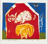 Artist: b'Kavanagh, Christine.' | Title: b'The night of the flying cat' | Date: 1997 | Technique: b'linocut, printed in colour, from multiple blocks'