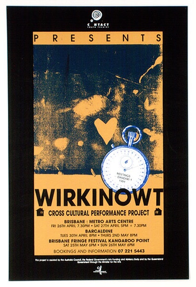 Artist: b'Fenelon, Gaven.' | Title: b'Workinowt.' | Date: 1991, April | Technique: b'screenprint, printed in blue, orange and black ink, from three stencils'