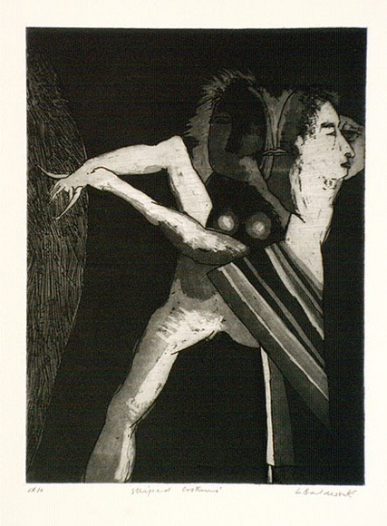 Artist: b'BALDESSIN, George' | Title: b'Striped costume.' | Date: 1965 | Technique: b'etching and aquatint, printed in black ink, from one plate'