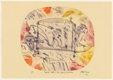 Artist: OLSEN, John | Title: Patrick White and the gypsy caravan | Date: 1992 | Technique: etching and aquatint, printed in colour with plate-tone, from one plate | Copyright: © John Olsen. Licensed by VISCOPY, Australia