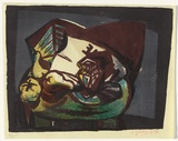 Artist: SELLBACH, Udo | Title: (Still life with fruit and vase on table) | Date: 1952 | Technique: lithograph, printed in colour, from five stones [or plates]