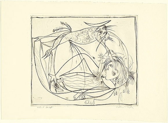 Artist: b'BOYD, Arthur' | Title: b'Nude unveiled by a dog.' | Date: (1962-63) | Technique: b'drypoint, printed in black ink, from one plate' | Copyright: b'Reproduced with permission of Bundanon Trust'