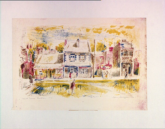 Artist: b'MACQUEEN, Mary' | Title: b'Street scene, Carlton' | Date: 1959 | Technique: b'lithograph, printed in colour, from five plates' | Copyright: b'Courtesy Paulette Calhoun, for the estate of Mary Macqueen'