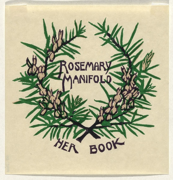 Artist: b'UNKNOWN' | Title: b'Bookplate: Rosemary Manifold' | Technique: b'linocut, printed in black ink, from one block'