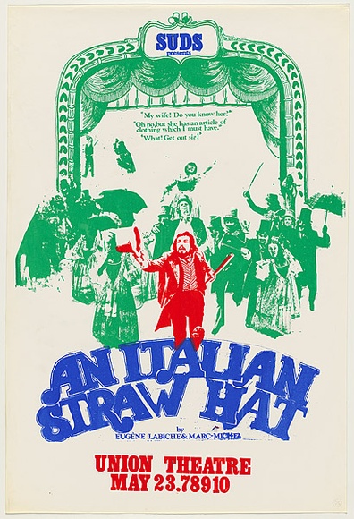 Artist: b'UNKNOWN' | Title: b'SUDS presents An Italian straw hat by Eugene Labiche & Marc-Michel.' | Date: 1976 | Technique: b'screenprint, printed in colour, from three stencils'