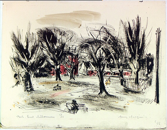 Artist: b'MACQUEEN, Mary' | Title: b'Park, East Melbourne' | Date: c.1956 | Technique: b'lithograph, printed in black ink, from one plate; hand-coloured' | Copyright: b'Courtesy Paulette Calhoun, for the estate of Mary Macqueen'