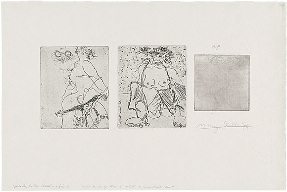 Artist: b'WALKER, Murray' | Title: b'Spectacles, roller skates and friends.' | Date: 1976 | Technique: b'etching, printed in black ink, from three zinc plates'