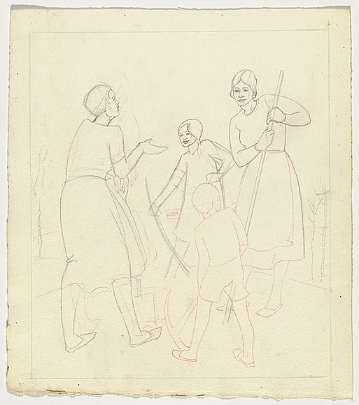 Artist: Spowers, Ethel. | Title: Drawing relating to the linocut 'A new orchard' | Date: (c.1933) | Technique: pencil, traced over in red pencil for linocut