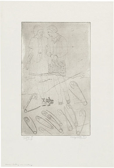 Artist: b'WALKER, Murray' | Title: b'Women talking and walking.' | Date: 1973 | Technique: b'etching, printed in black ink, from one plate'