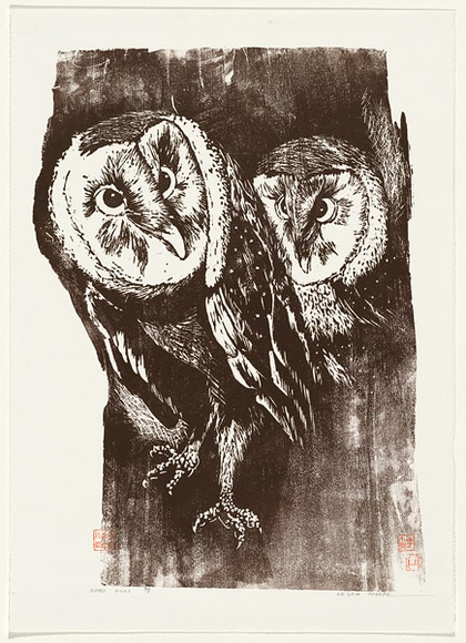 Artist: b'Thorpe, Lesbia.' | Title: b'Grass owls' | Date: 1983 | Technique: b'woodcut, printed in brown ink, from one block'