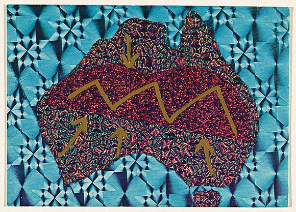 Artist: b'McDiarmid, David.' | Title: bPostcard (Australia and Ayer's Rock) | Date: 1985 | Technique: b'screenprint, printed in colour, from multiple stencils; collage' | Copyright: b'Courtesy of copyright owner, Merlene Gibson (sister)'