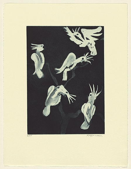 Artist: b'Law, Roger.' | Title: b'(Five cockatoos)' | Date: 2002 | Technique: b'aquatint, printed in blue/black ink with plate-tone, from one plate'