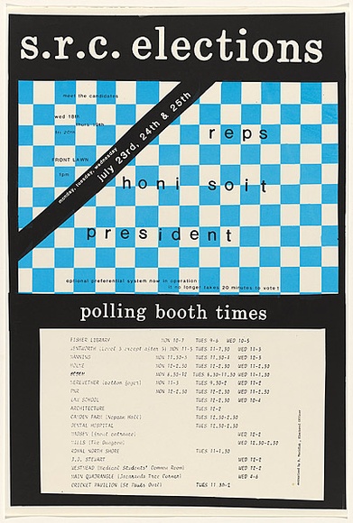 Artist: b'UNKNOWN (STUDENT)' | Title: b'SRC Elections' | Date: 1984 | Technique: b'screenprint, printed in colour, from two stencils'