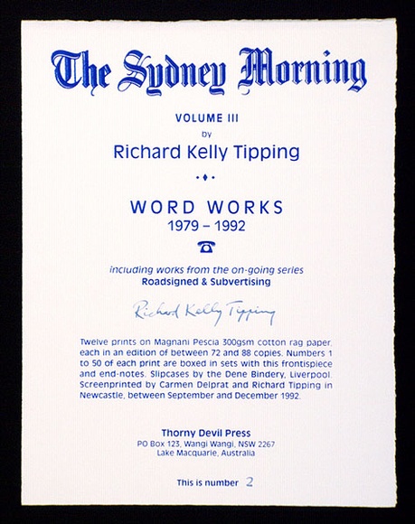 Artist: TIPPING, Richard | Title: The Sydney Morning Herald Vol.III from Words Works 1979-1992 including works from the on-going series Roadsigned and Subvertising. | Date: 1992 | Technique: screenprints, printed in colour