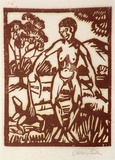 Artist: b'Stephen, Clive.' | Title: b'(Nude in landscape)' | Date: c.1945 | Technique: b'linocut, printed in brown ink, from one block'