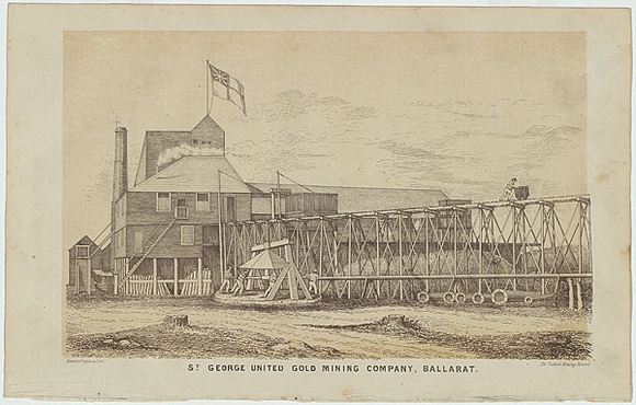 Artist: b'Hamel, Julius.' | Title: b'St George United Gold Mining Company, Ballarat.' | Date: 1867 | Technique: b'lithograph, printed in colour, from two stones'