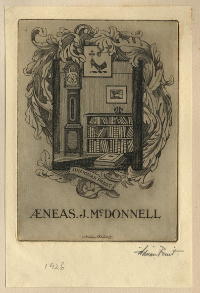 Artist: FEINT, Adrian | Title: Bookplate: Aeneas J McDonnell. | Date: 1926 | Technique: etching, printed in brown ink, from one plate | Copyright: Courtesy the Estate of Adrian Feint