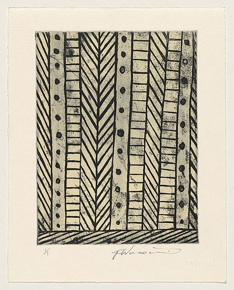 Artist: b'Wonaeamirri, Pedro.' | Title: b'not titled [geometric design consisting of striped and spotted columns]' | Date: 2000, February | Technique: b'etching, printed in black and cream in intaglio and relief, from one plate' | Copyright: b'\xc2\xa9 Pedro Wonaeamirri, Jilamara Arts and Craft'